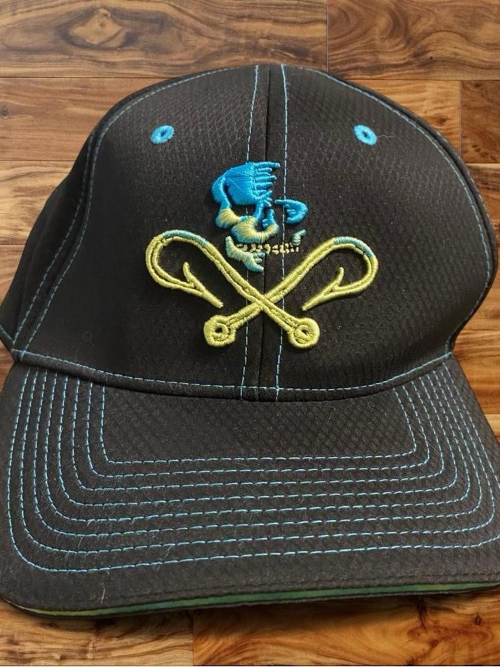 Salt Life Black Cap with Teal and Yellow Embroidered Skull & Hooks